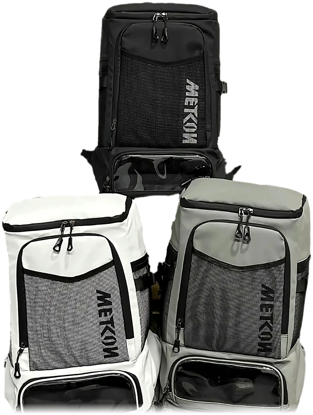 Tres mochilas deportivas en negro, blanco y gris, con bolsillo frontal de malla y compartimento inferior transparente
