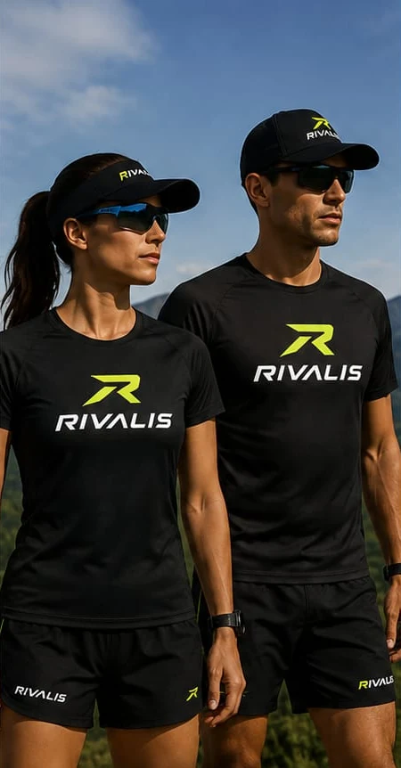 Pareja de atletas Rivalis con camisetas negras con el logotipo lima, gorra, visera y lentes deportivos